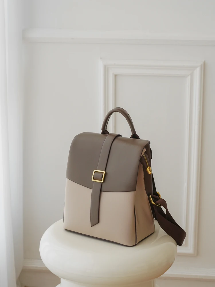 Fashionable High-Quality Dual-Shoulder Bag Women's Travel Backpack Color Block Retro Artistic Style Zipper Closure Soft Material