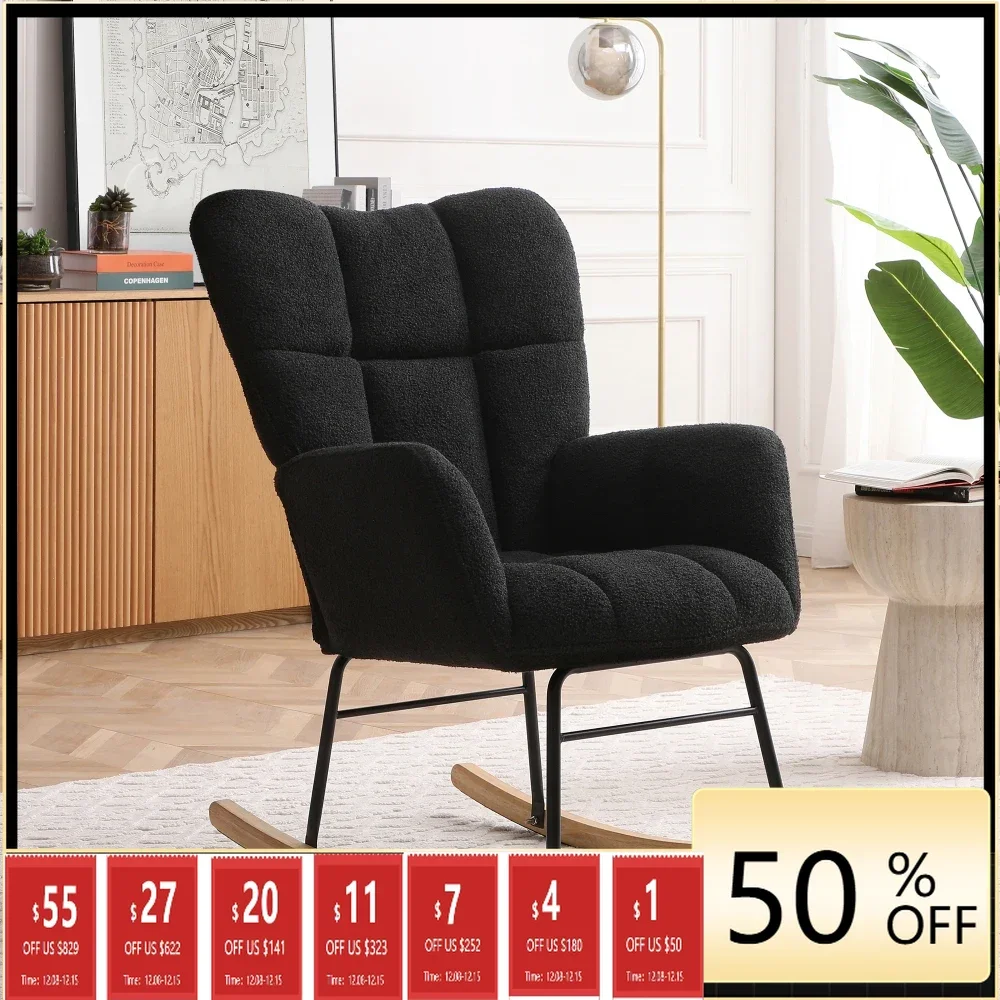 

Rocking Chair Teddy Upholstered Glider Rocker Rocking Accent Chair Padded Seat with High Backrest for Living Room Bedroom Office