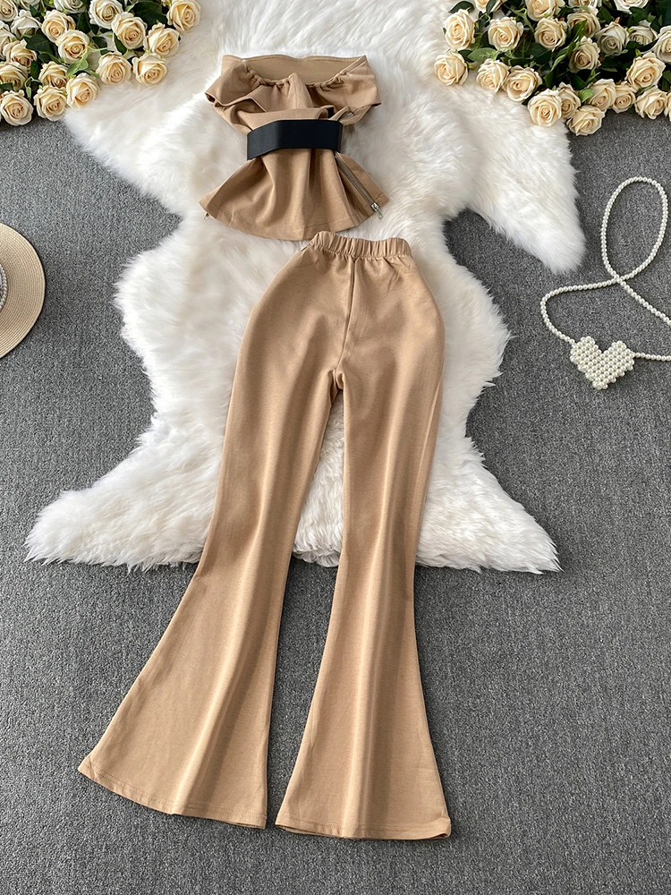 Off shoulder strapless vest design side zipper waist cinched top and high waisted flared pants set temperament two-piece set