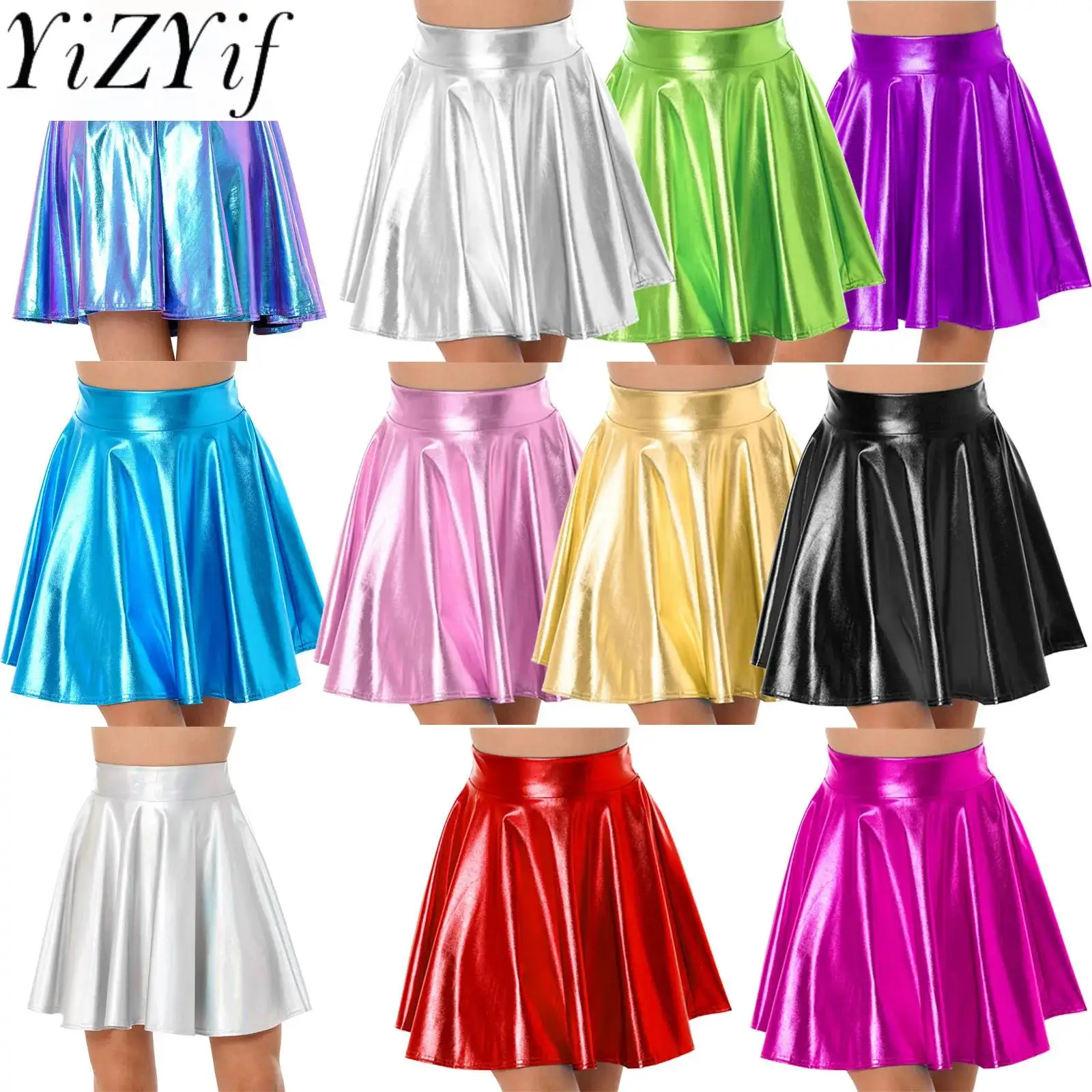 

Women's Shiny Metallic Wet Look Stretchy Flared Mini Skater Skirt Holographic Pleated Skirts High Waist Ruffle Skirts Club Party