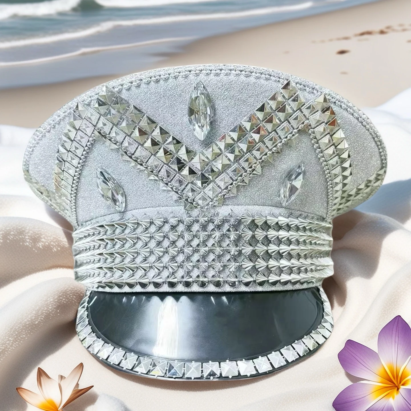 HongLuan Silver Series Halloween-Kostümhut, Kapitänshüte Strass für Burning Man Festival Woman, Cosplay Damenaccessoires