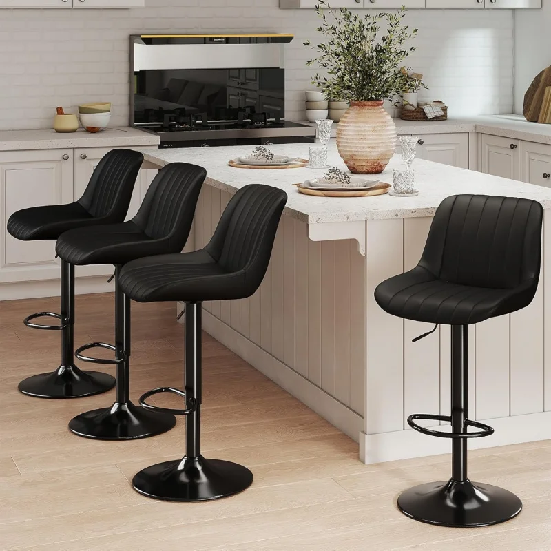 

Set of 4 Swivel Counter Height Bar Stools with Back, Adjustable PU Leather Armless Kitchen Island Chairs, Modern Black