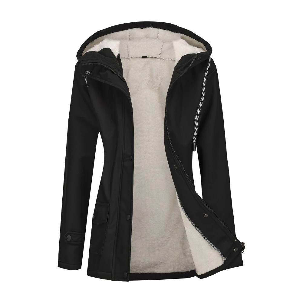 Hooded Jacket Womens Drawstring Waist Multi Pocket Fleece Lined Windproof Thick Warm Coat Autumn Winter Outdoor Wear