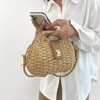 Bolso de mimbre tejido de paja elegante a la moda para mujer, bolso de mimbre, bolso cruzado con cuerda de paja, bolso de hombro, bolso de playa