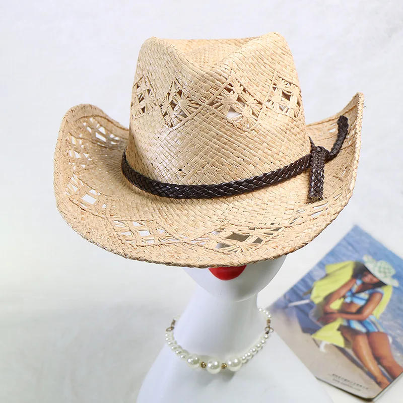 Ebay Hot Sale Raffia Hand-knitted Pattern Western Cowboy Hat Breathable Sun-proof Curling Straw Hat