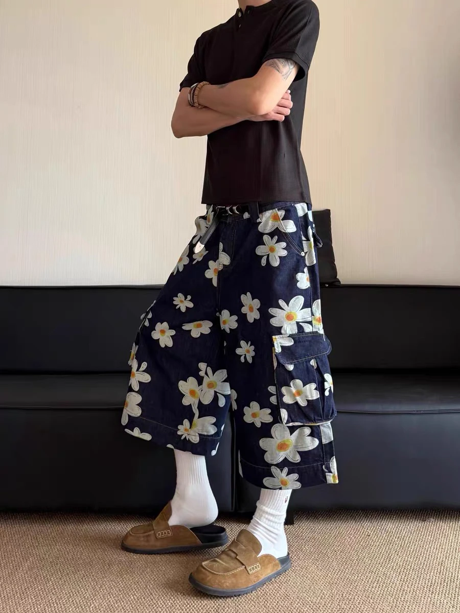 

American Sle Streetwear Daisy Print Loose Wide Leg Pants ex Summer Casual Seven-Foot Pants Couples Match Straight Cut
