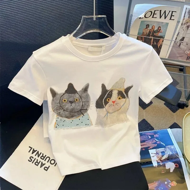 Women's Cat Print Crop Top T-Shirt - Short Sleeve