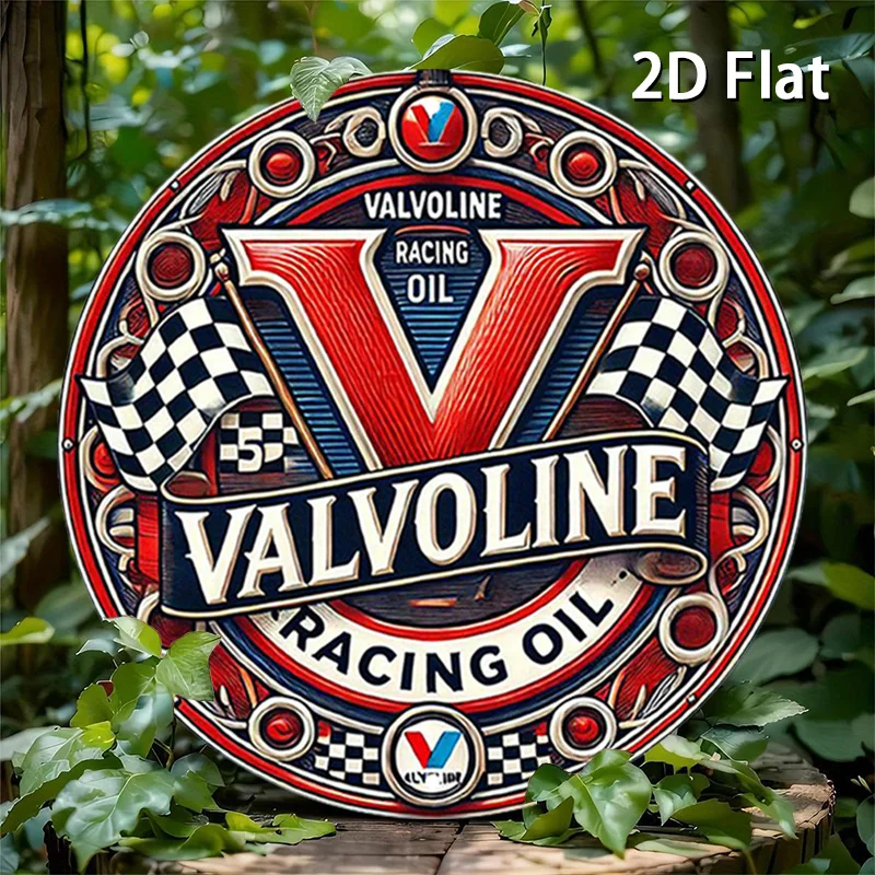 Cartel de chapa de Metal de aceite de carreras de Valvoline, arte de pared de aluminio rústico con bandera a cuadros, decoración de garaje Vintage con logotipo de V rojo, redondo de 7,87 pulgadas, 1 ud.