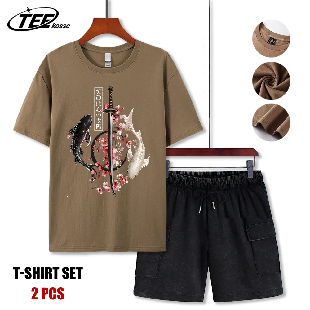 

Black & White Koi Cherry Blossom Sabre T-Shirt Men Soft All-Match T Shirts Cotton Casual Clothing Crewneck Loose Man Short Suit