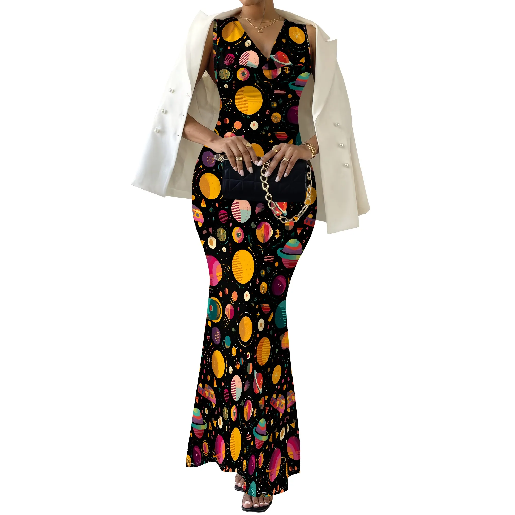 Galaxy Print Maxi Dress XS-2XL Sleeveless V-Neck Bodycon Long Dress for Space Theme Party or Art Fashion Night