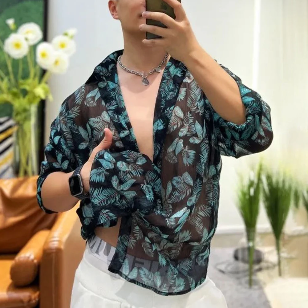 

Mens Sexy Floral Mesh See-Through Casual Long-Sleeved Shirt Genderless Fashion Versatile Personalized Lightweight Top Unisex