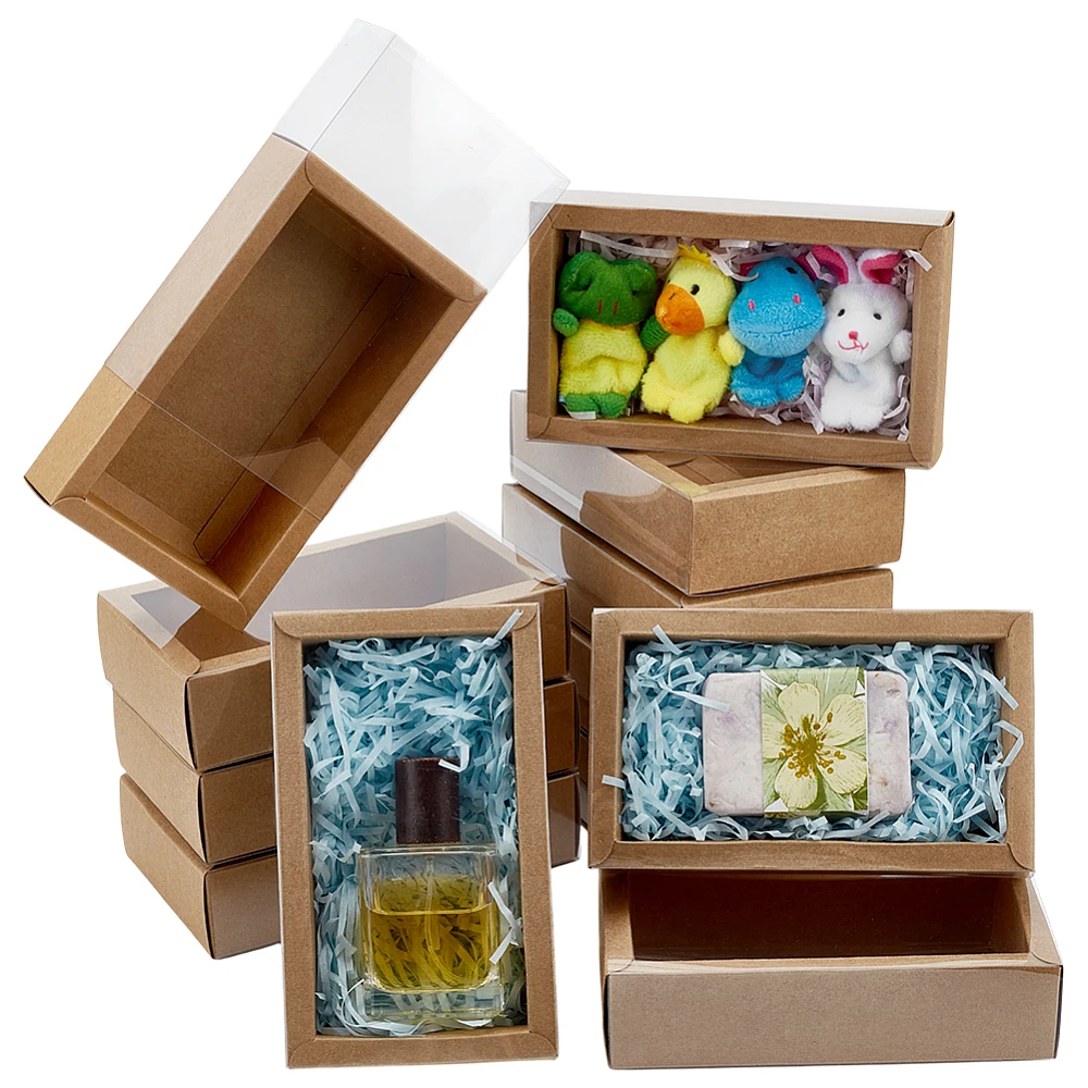 Drawer Kraft Boxes 6.7x3.9x1.6 Inch Brown Gift Boxes with Clear PVC Windows Rectangle Paper Gifts Box Cookies Box for Bakery