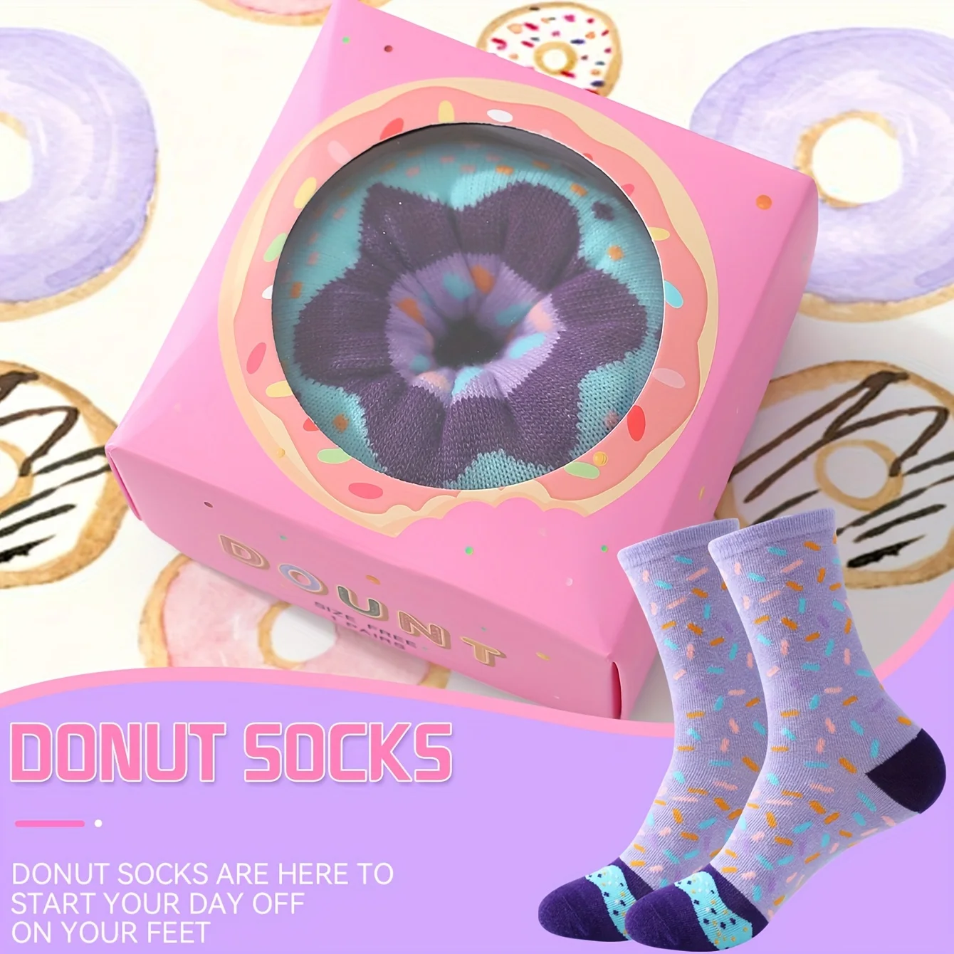 1 pair of stylish, unique and interesting colorful donut pattern gift socks for men and women, suitable for all seasons