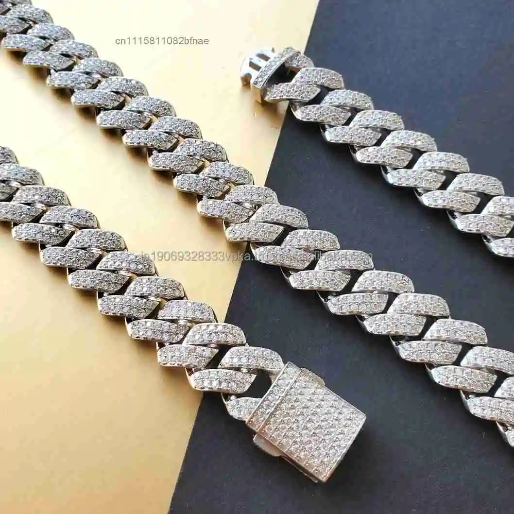 Vana Jewels Moissanite Brilliant Cut Monaco Cuban Link Chain 925 Sterling Silver Hip Hop Style Necklace Women's Wedding，