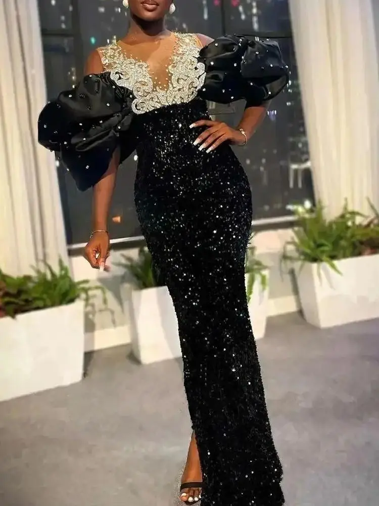 Sequined Spring Summer 2023 Elegant African Women Short Sleeve Puff Sleeve Black Polyester Long Robes African Dresses for Women