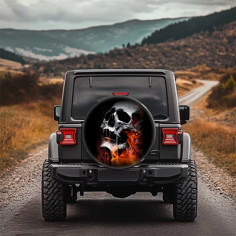 Skull Flame Print Pattern Car Tire Cover, Stylish Universal Wheel Hub Protector, Spare Tire Cover, Perfect Fit And Easy To Insta