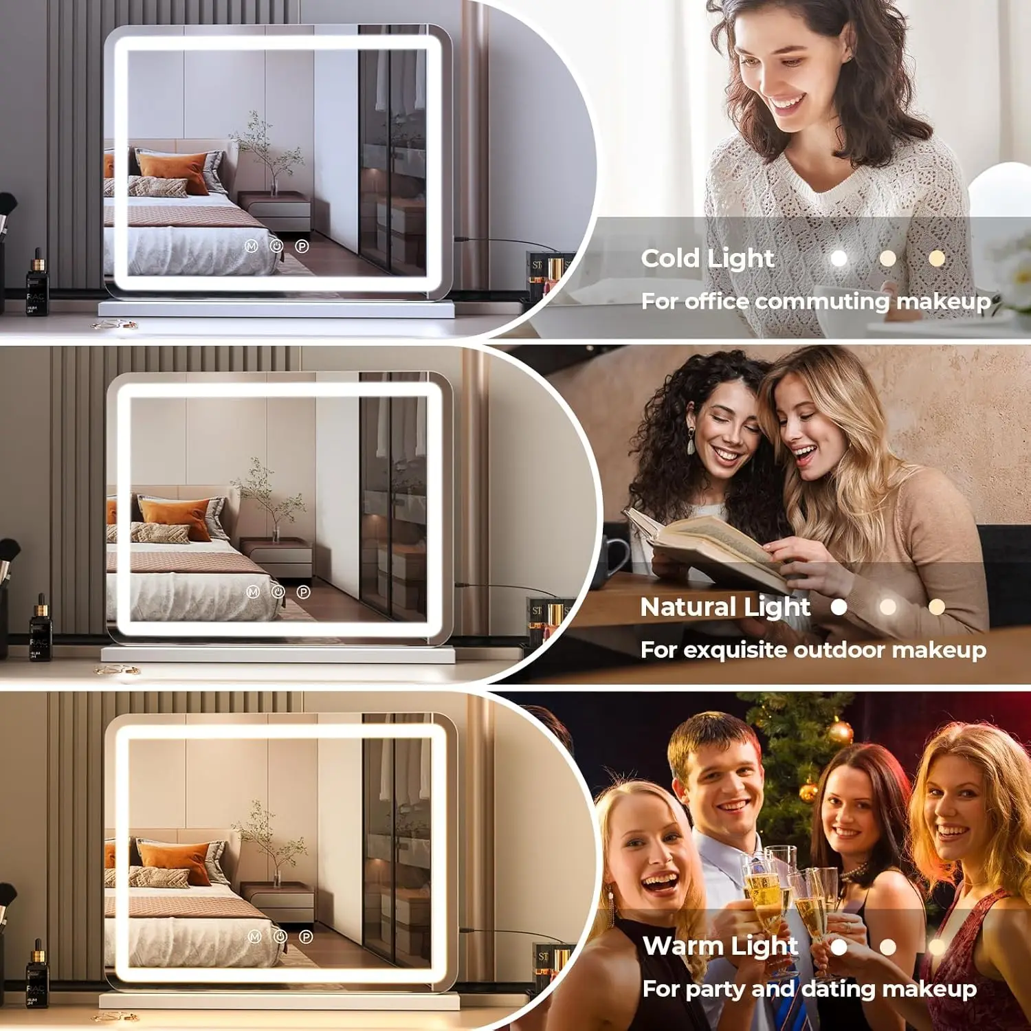 23 Inch Large Makeup Mirror with LED Lights, Smart Touch Dimmable 3-Color Light, Memory Function, USB Charging Port