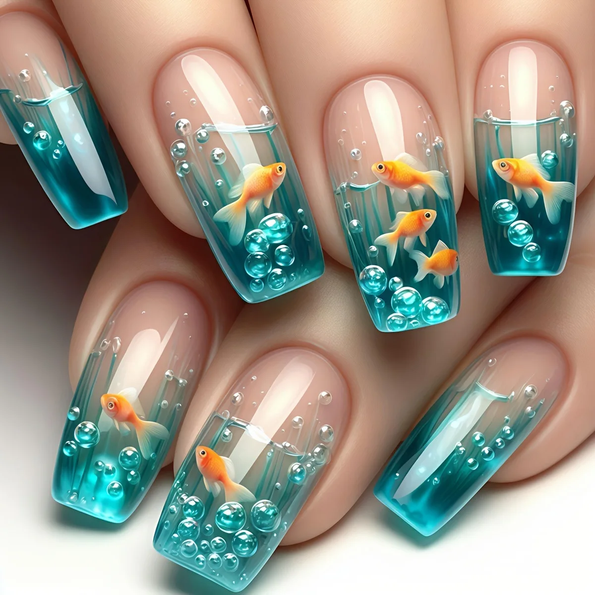 Medium long Square fake nails for women Summer blue water fish in yellow red colors full cover press on acrylic false nail art - view 4