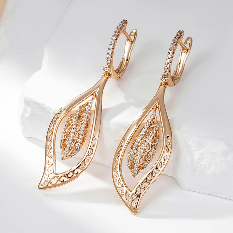Kienl Hot 585 Rose Gold Color Natural Zircon Long Big Earring for Women Glossy Crystal Flower Ethnic Bride Daily Vintage Jewelry