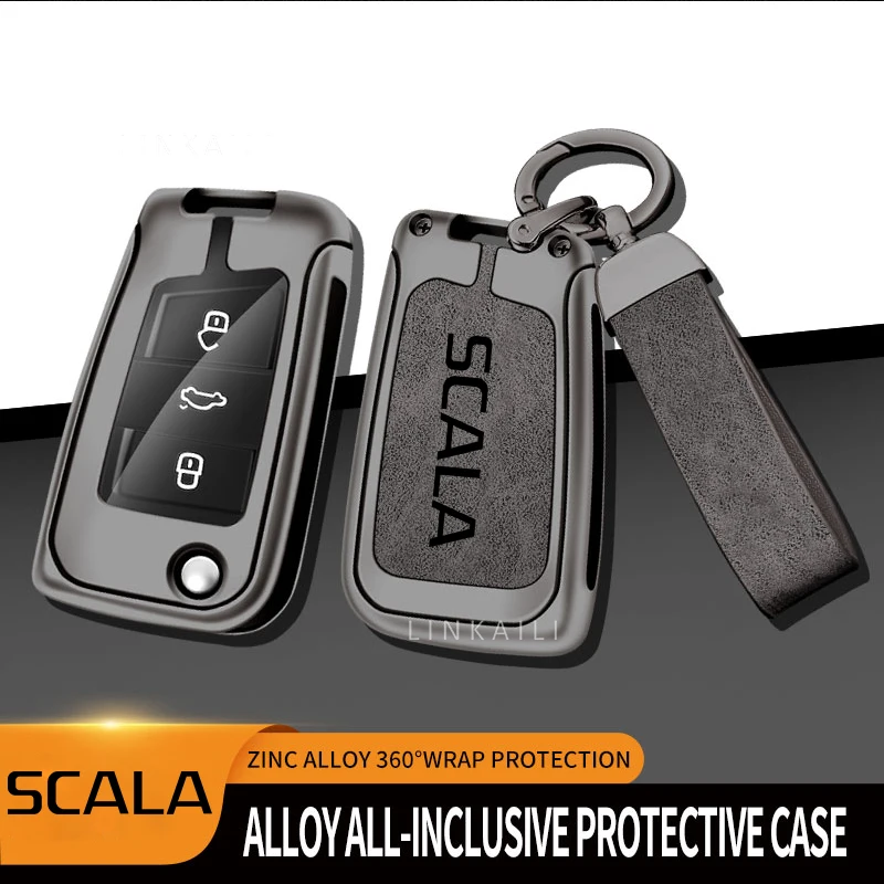 Funda para llave de aleación de Zinc adecuada para Skoda Scala 2016 2017 2018 2019 funda para llave de coche de 3 llaves accesorios para llavero de cuero de alta calidad