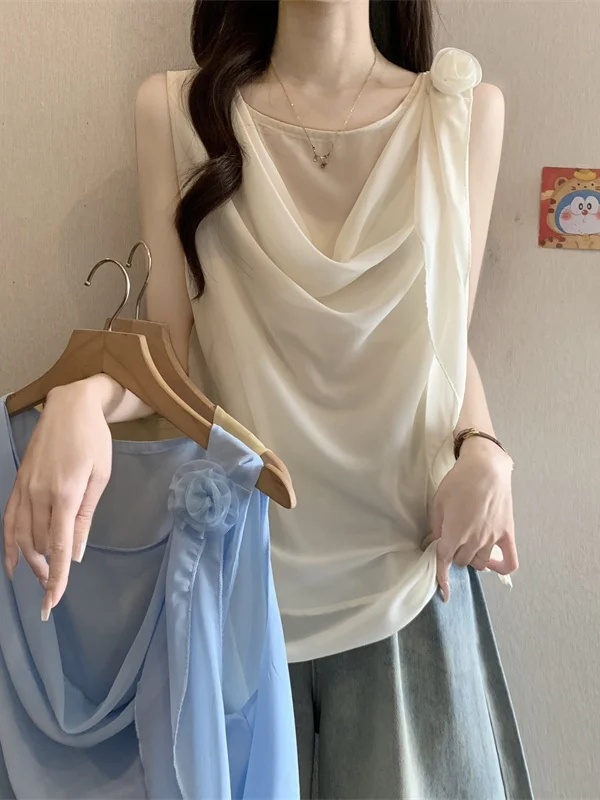

Summer 2026 New Women's Loose Sleeveless Vest Design Sense Commute Top Soft Breeze Wind Collar Chiffon Shirt Korean Style
