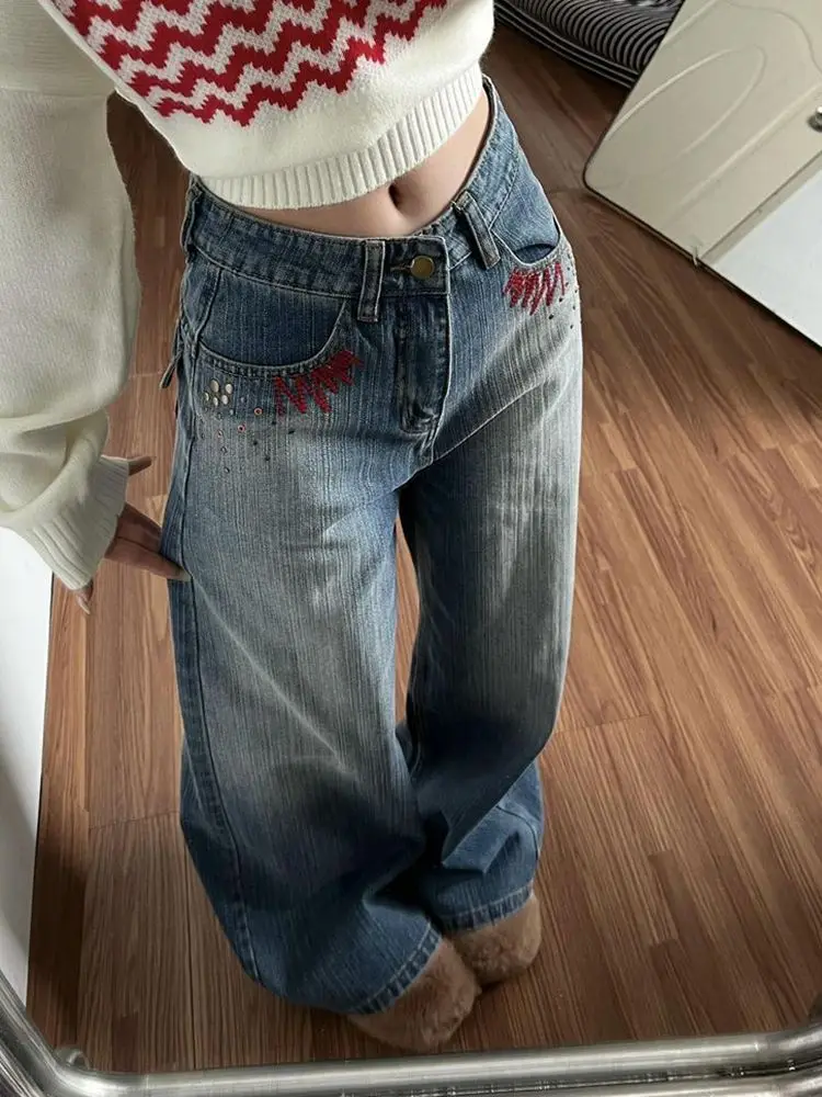 

Американская вышивка, горячее тиснение, модные крутые прямые джинсы с высокой талией для женщин, новые повседневные узкие и широкие брюки