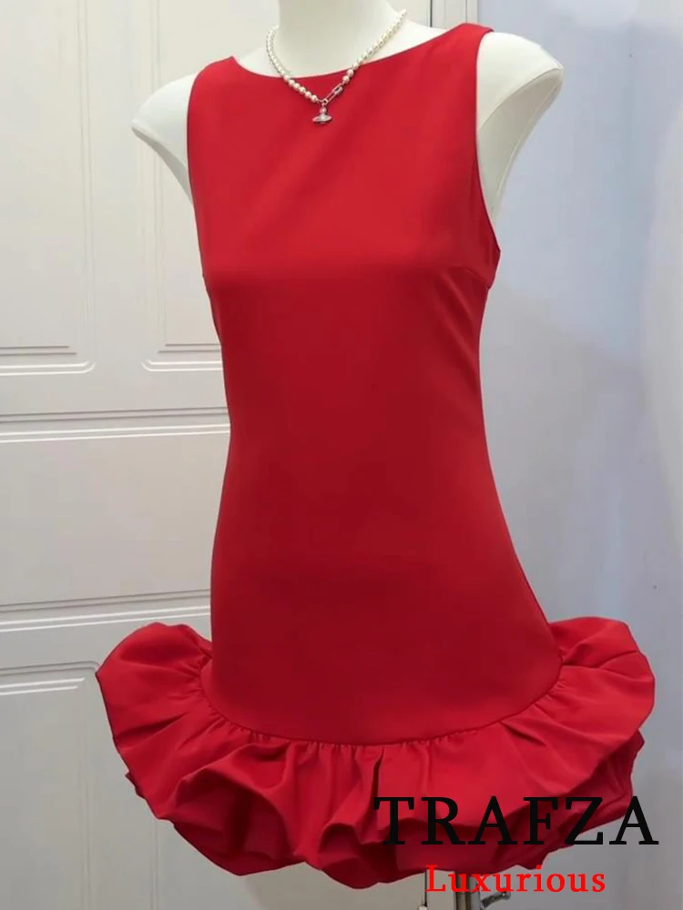 TRAFZA Vintage Chic Red Sexy Women Dress Cami Sleeveless Backless Mini Party Vestidos Fashion 2024 Elegant Evening Club Dress