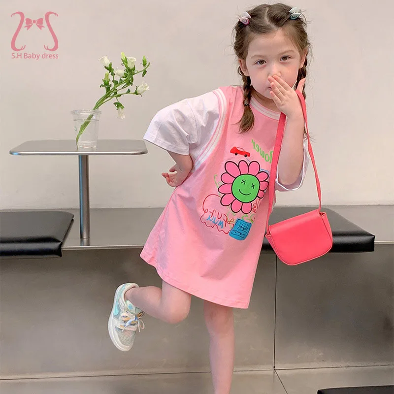 Fashion 1-7 Y Girls Dress Summer Short Sleeve Sport Style Sweet Children T-Shirt Mid-Length Baby Clothing Cartoon Kids Costumn