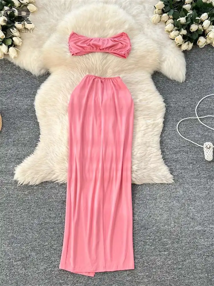 BabYoung été Sexy deux pièces costumes femmes sans manches hauts sans bretelles + jupe moulante fendue froncé Ins ensembles de mode croisés