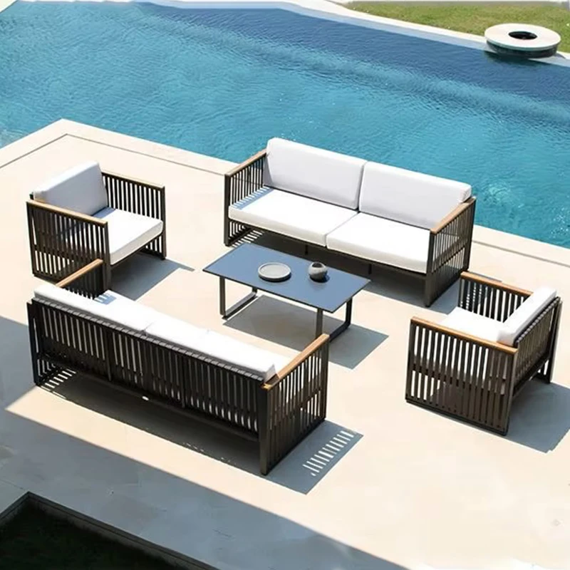 High Quality Popular Outdoor Furniture Aluminum Frame Polyester Woven Patio Teak Arm Garden Sofa