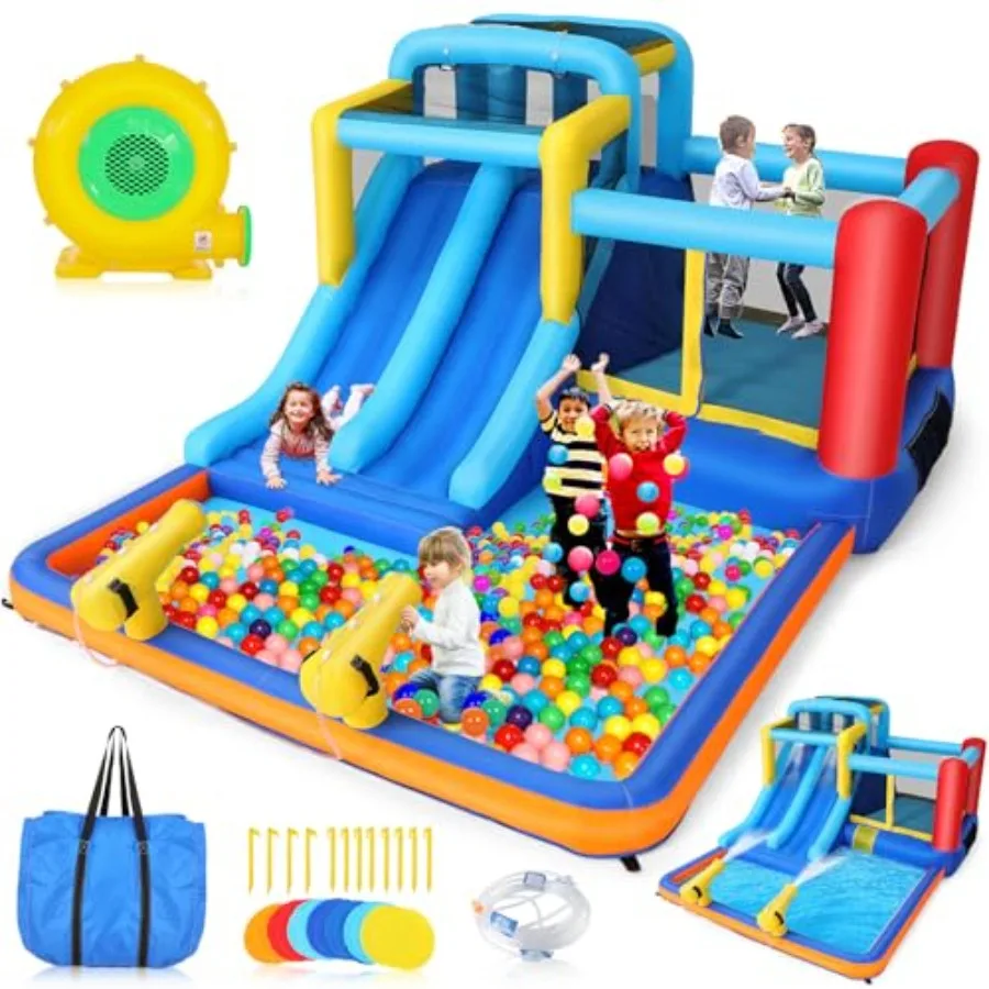 

Inflatable Bouncy House with Double Slide and Ball Pit for 15x9.95ft Blue Indoor Outdoor Jumping Castle with Blower Party Fun