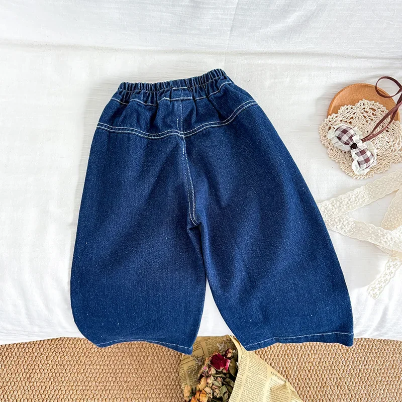 Girls Pants 2024 Autumn New Childrens Wear Girls Baby Rural Chic Pocket Mushroom Embroidery Soft Jeans Casual Simple Daily