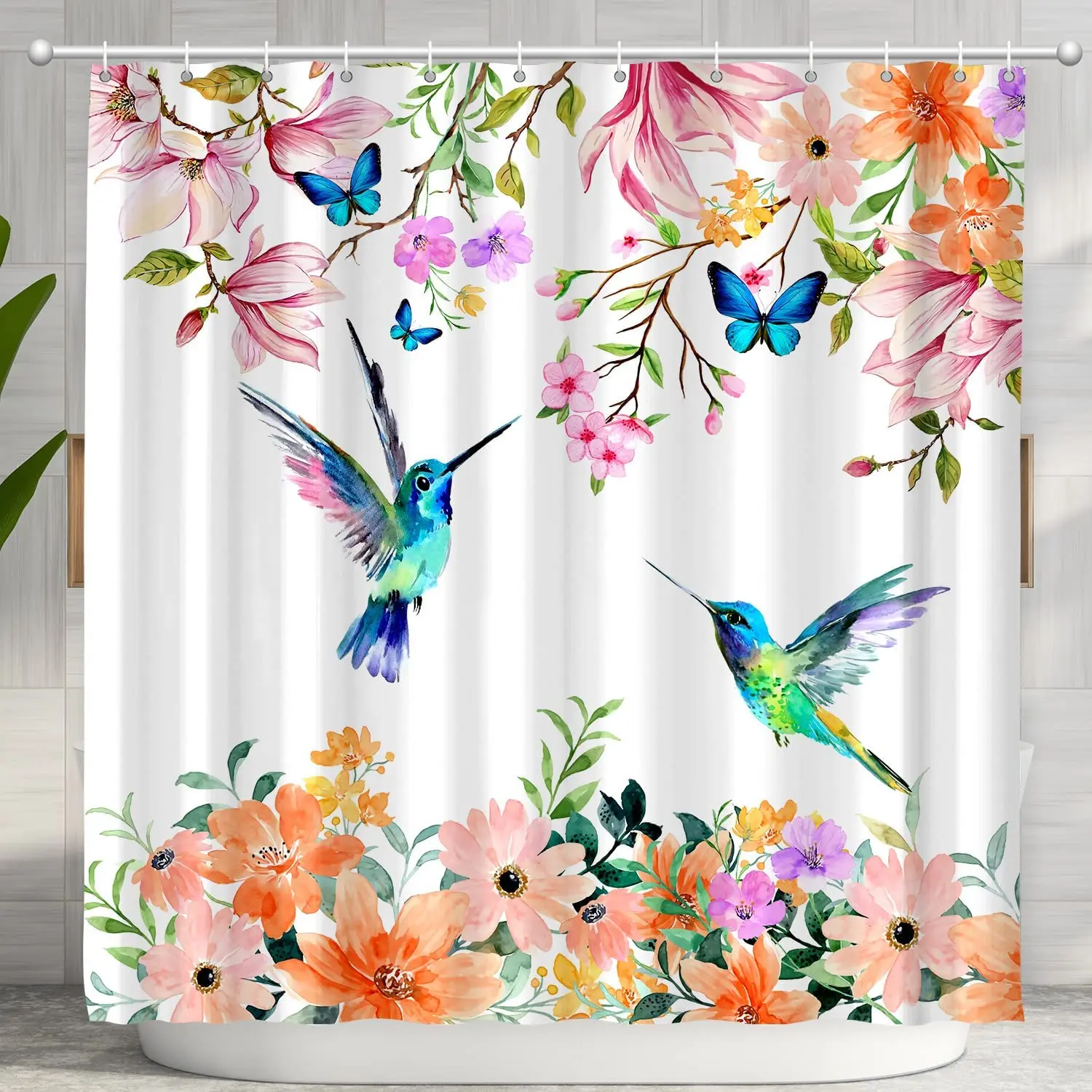 Hummingbird Floral Shower Curtain Watercolor Flower Plant Tropical Green Leaves Bird Butterfly Bathroom Decor Fabric with Hooks