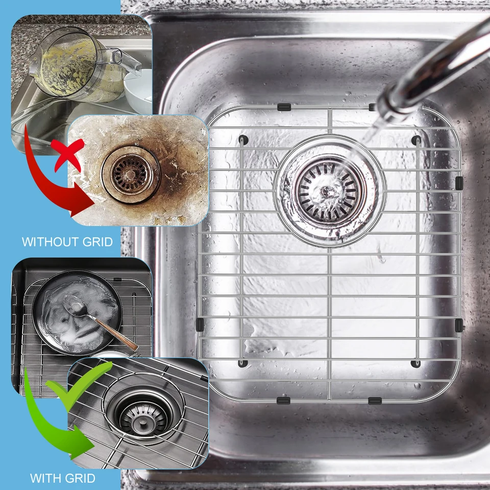 2-Pack Kitchen Sink Grid – 304 Stainless Steel Sink Protector, 13.4 X 11.8 Inch, R50 Corners, Double Bowl Drain Grid, Rubber Feet, Rustproof