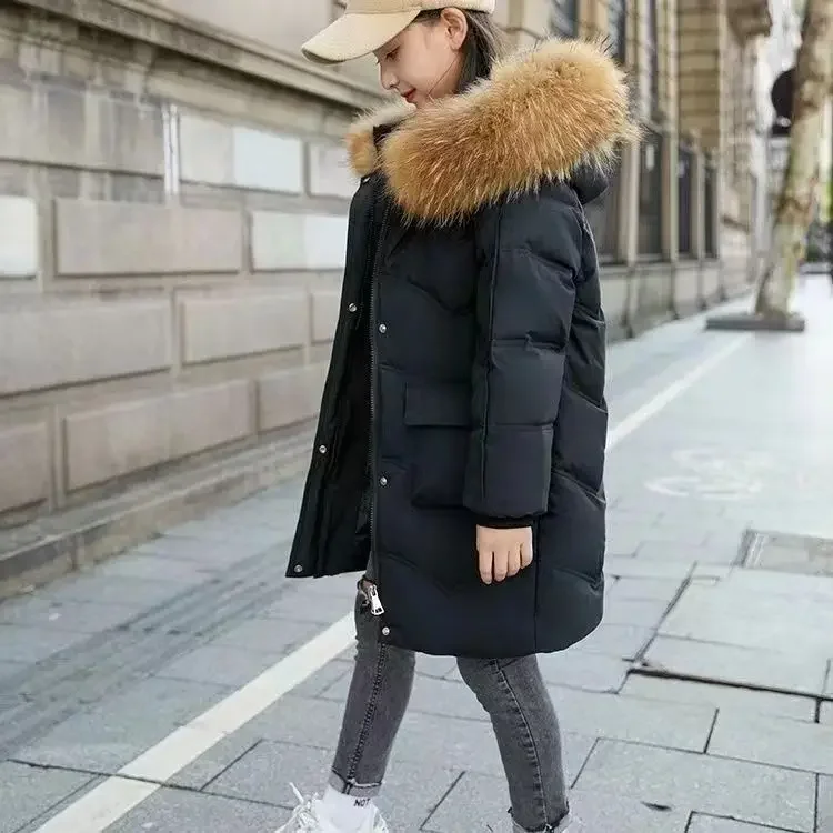 Children Down Cotton Clothes Girls Korean Medium and Long Thickened Warm Big Fur Collar Winter Coat Winter Clothes