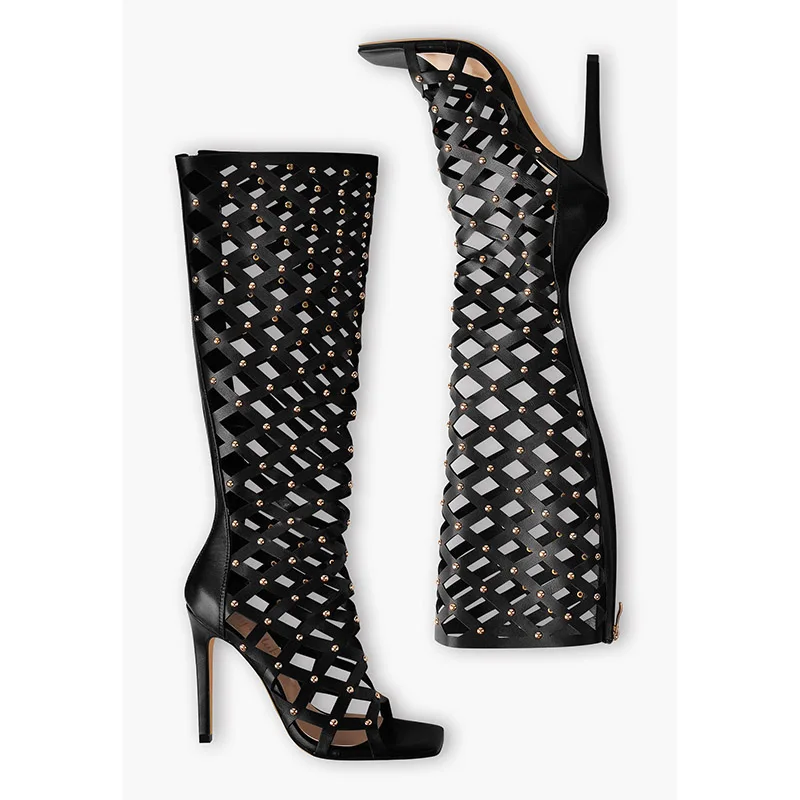 Onlymaker Women Peep Toe Black Hollow Grid Stiletto Zipper Knee High Boots High Heel Plus Size Sandals Boots For Summer