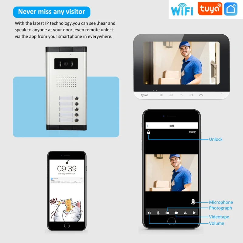 Wired Video Door Phone Intercom System, IR Night Vision Camera, campainha, telas de monitor interior, Wi-Fi, cor, 2-6 apartamentos, 7\
