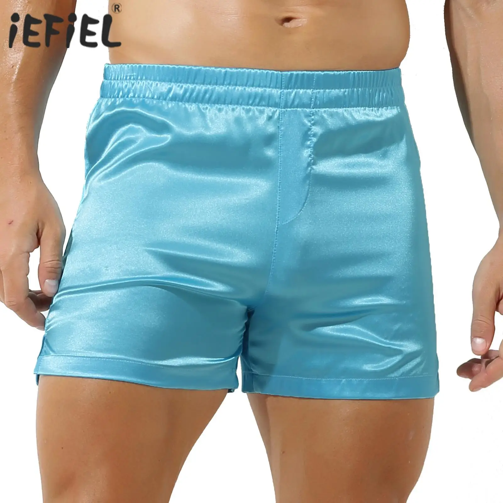 Mens Elastic Waistband Satin Shorts Underwear Mid Waist Side Split Boxer Brief Loungewear Sleepwear Bottoms Homme Panties