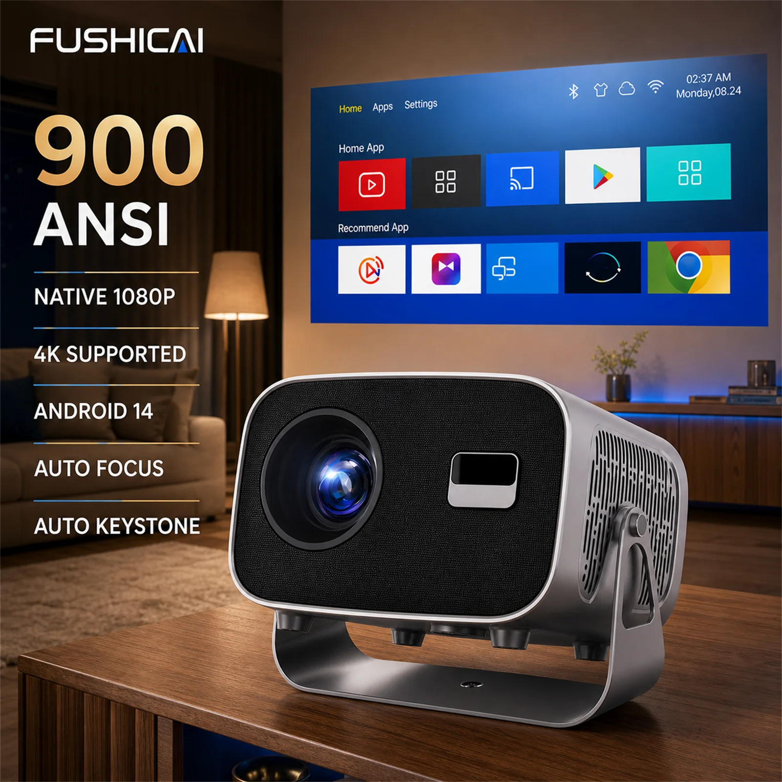 FUSHCAI Outdoor Projector A10 Portable Mini Projector with 360° Rotation 900 ANSI Native 720P 4K Compatible Auto Focus BT 5.4
