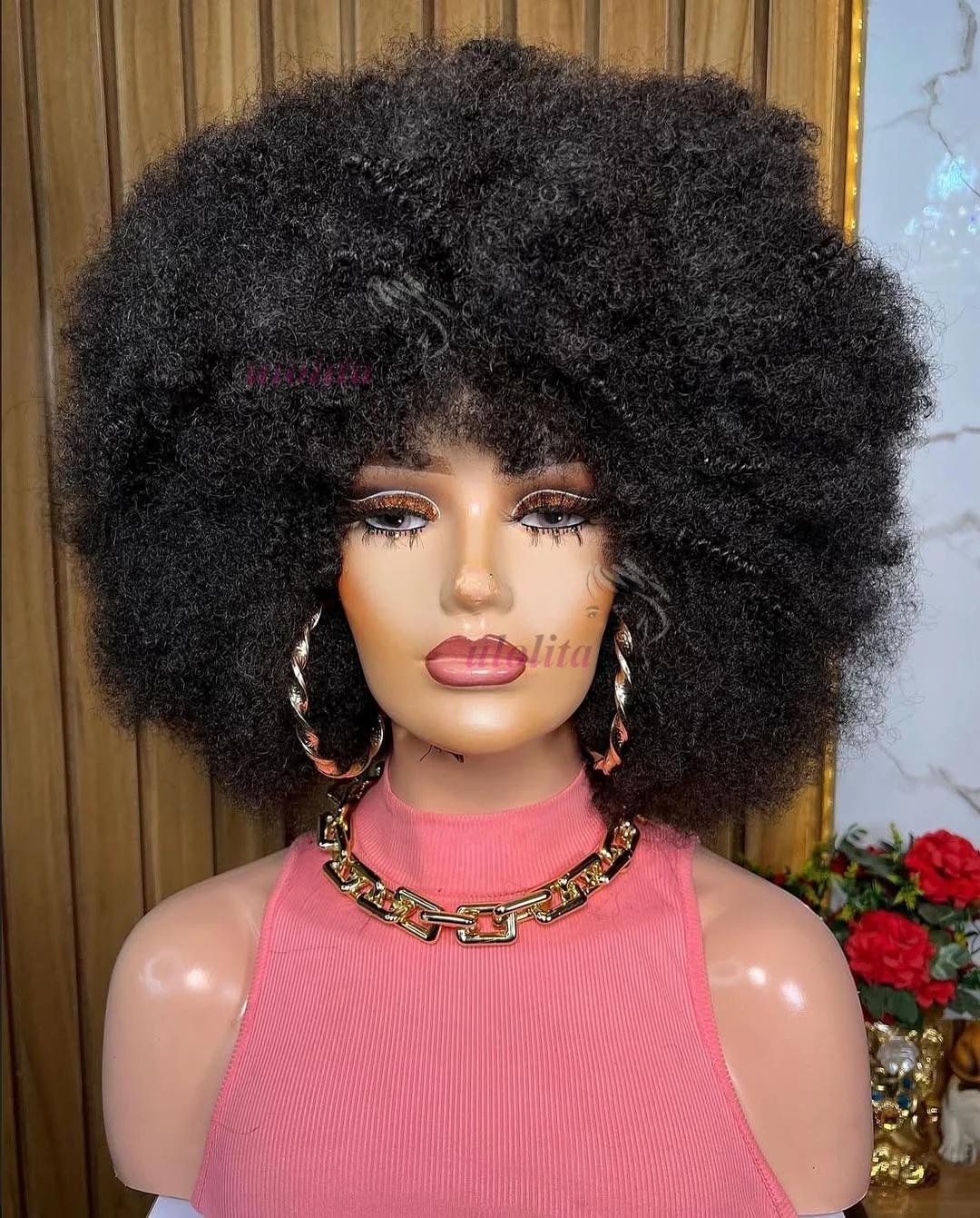 Mongolische Afro-Kinky-Curly-Perücke aus 100% Echthaar, flauschig, voluminös, maschinell gefertigt, hochwertige Perücke für schwarze Frauen, für den täglichen Gebrauch. – Detail 2
