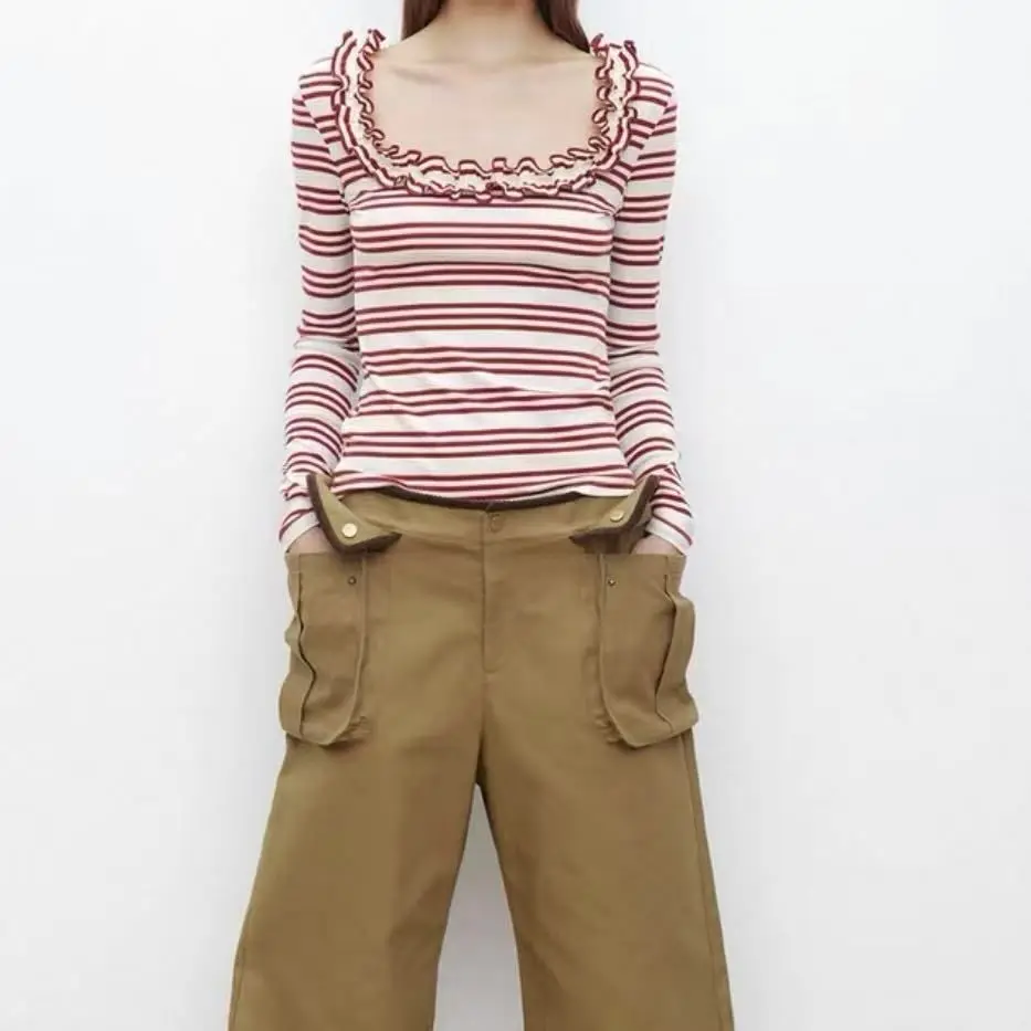 Foreign Style Age-reducing Light Luxury High-end Commuting Versatile Red Striped Top For Women