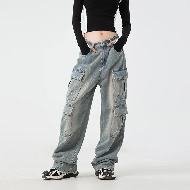 

Jean Full Length Spliced Jeans Denim Cargo Pants Women Washed Patchwork Pockets Loose High Waist Casual 2025 Distressed