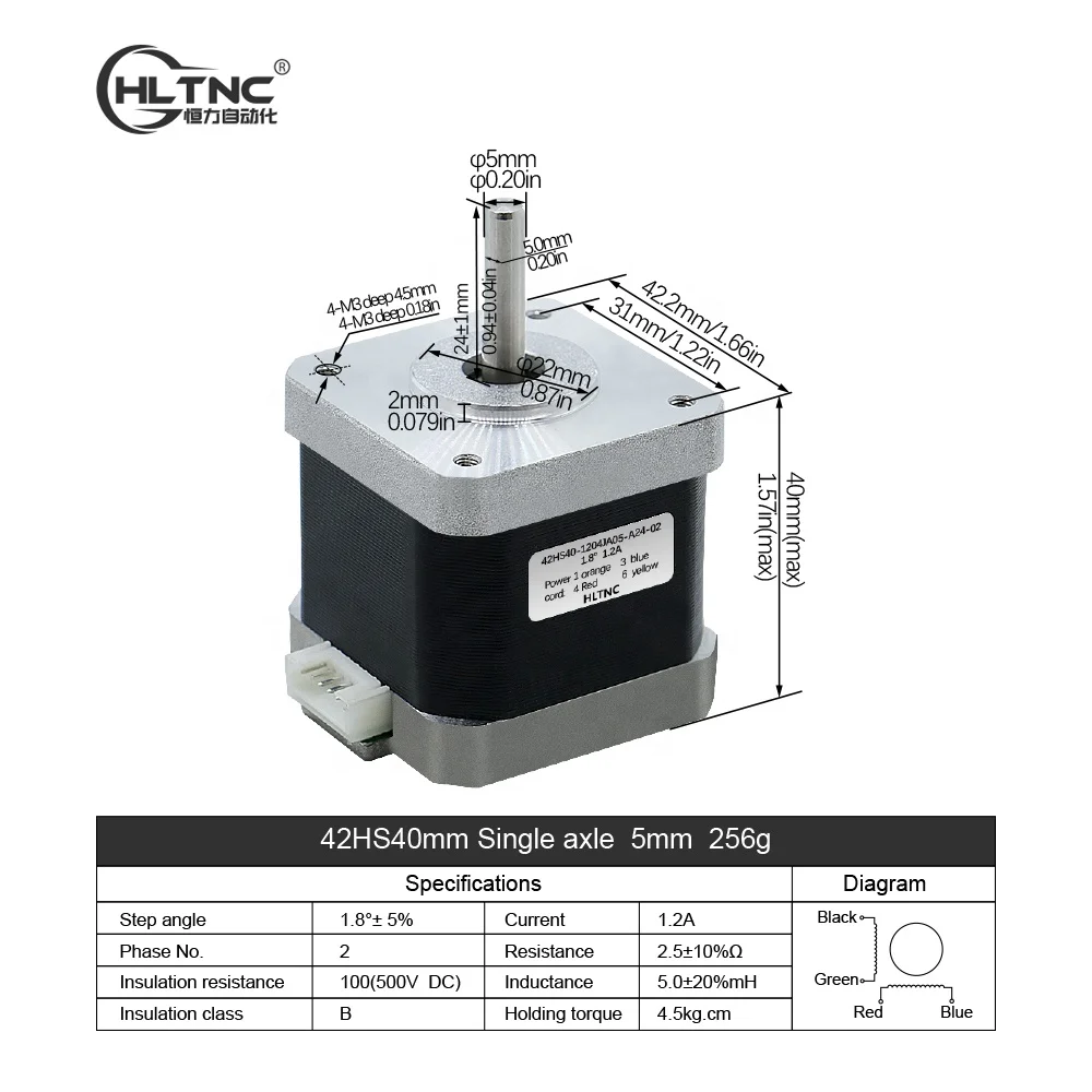 HLTNC Stappenmotor met laag koppel Nema17 0,28 nm Motor42HS40-A5-A24 0,9 2-fase hybride stappenmotor voor CNC-router