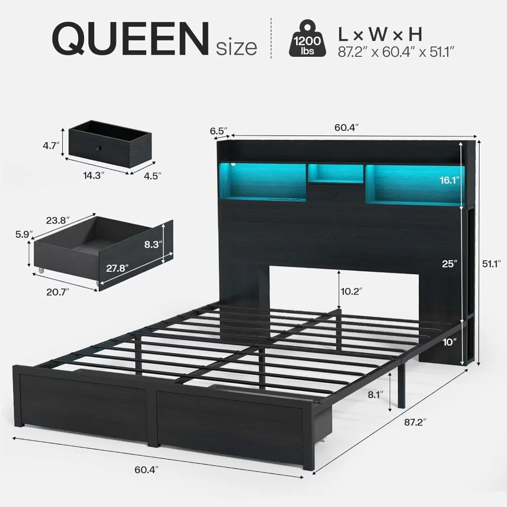 Cadre de lit éclairé par LED Queen Size avec bibliothèque et tiroirs de rangement, y compris la station de recharge