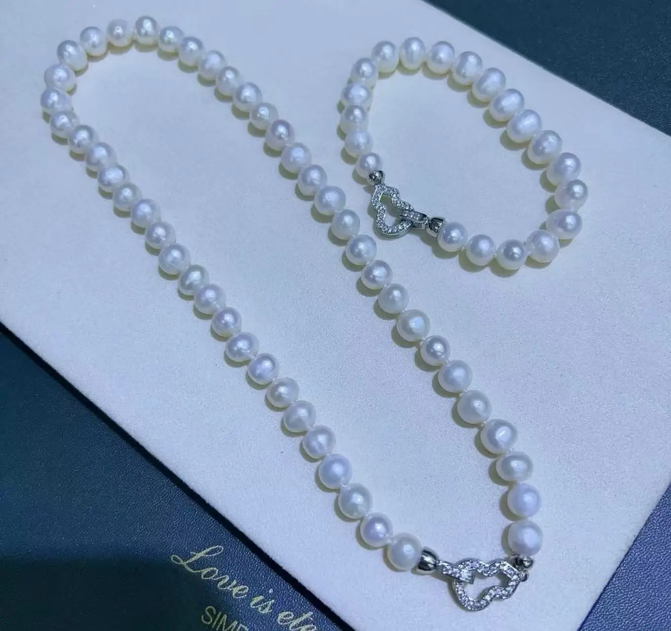 

Classic Necklace AAA 8-9mm Natural Round Pearl Necklace 18" - 7.5-8" Set 925 Silver