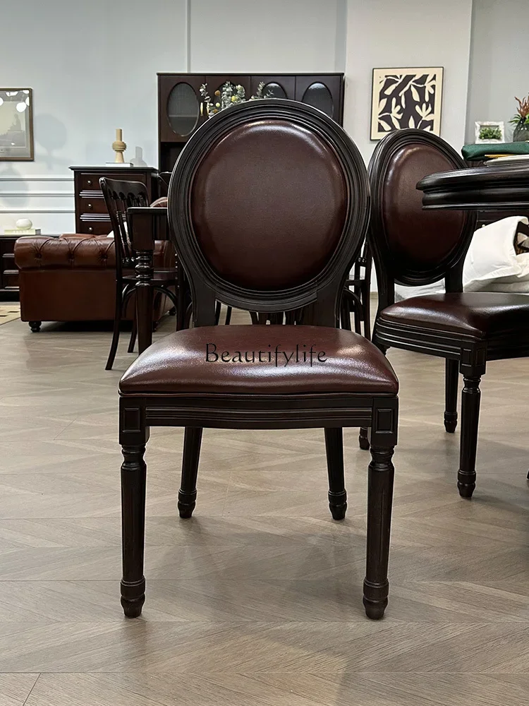 FG**American pure solid wood dining chair small apartment dark retro microfiber leather soft bag eating chair
