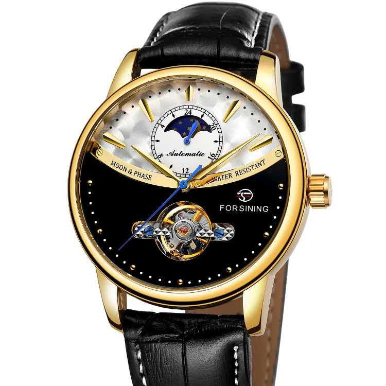 2023 Forsining Mens Watches Automatic Mechanical Tourbillon Sport Clock Flywheel Multi-function Moon Display Leather Wrist Watch