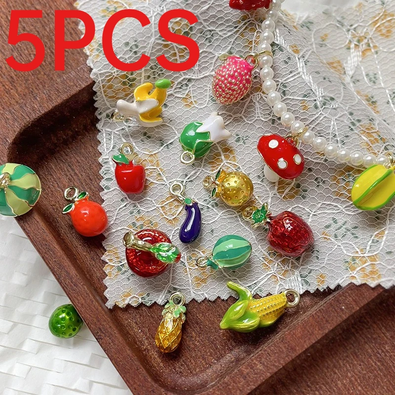 5Pcs Mini Enamel Fruit Charms Strawberry Mushroom Watermelon Eggplant Pendants DIY Bracelet Necklace Beading Accessories