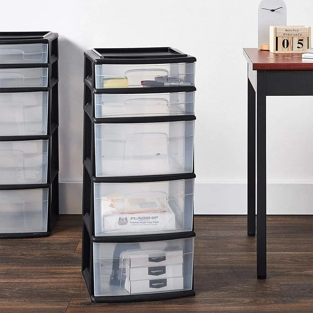 2-Pack 5-Drawer Storage Unit, Home & Office Plastic Organizer, Black Frame