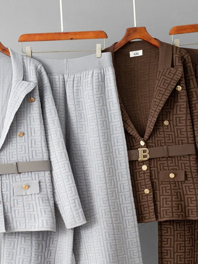 النساء مكتب مجموعات دعوى طوق سترة موضة 2 قطعة مجموعة الخريف الشتاء حزام ضيق الخصر سترة التخسيس محبوك بنطال ذو قصة أرجل واسعة